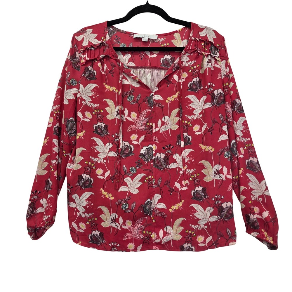 LOFT Red Floral Butterfly Peasant Blouse Long Sleeve Tie Neck Top SM‎ Romantic